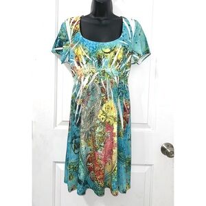 Ocean Breeze colorful, multi-print summer dress, embellished with rhinestones